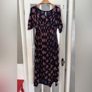 Free People Black Maxi Dress with Pink Floral Print